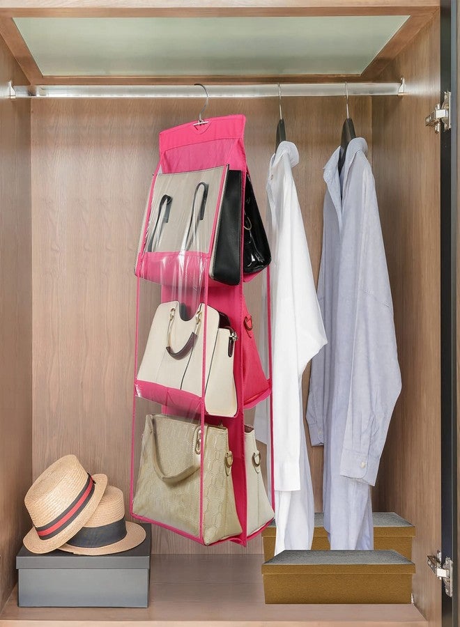 GBMI Handbag Organizer, Bag Organiser for Ladies Handbags, Purse, Clutch, clothes organiser for wardrobe, Purse Organiser With Hanger, Women, Non-Woven (6 Pocket- 90 X 35 X 35 Cm (Pack Of 1), Pink) - Image 5